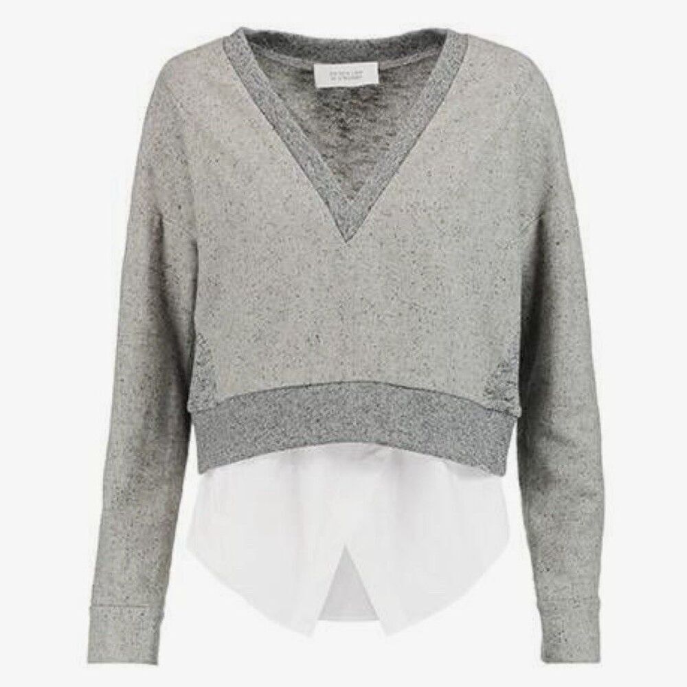 Derek Lam 10 Crosby Cropped Sweater Top Speckled V Neck Wool Blend Gray Size 4